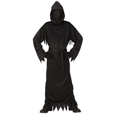 Enfant portant un déguisement de faucheur noir avec une longue robe à bords déchirés et une capuche masquant totalement le visage | jourdefete.com