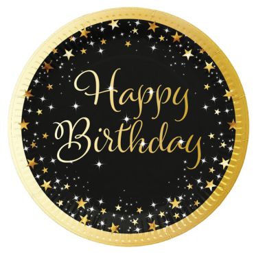 Assiettes anniversaire adulte Happy Birthday noir et or 23 cm lot de 8 | jourdefete.com