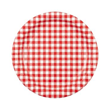 Assiettes en carton ronde avec motif à carreaux vichy rouge et blanc pour pique-nique | jourdefete.com
