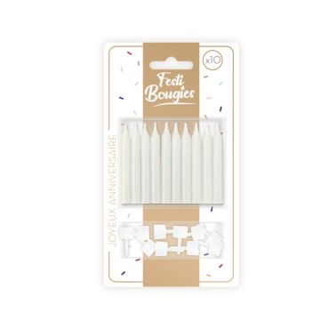 Lot de 10 bougies blanches pailletées avec supports | jourdefete.com