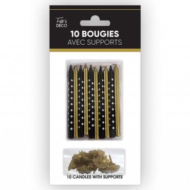 Bougies pailletées noir et or avec supports | jourdefete.com