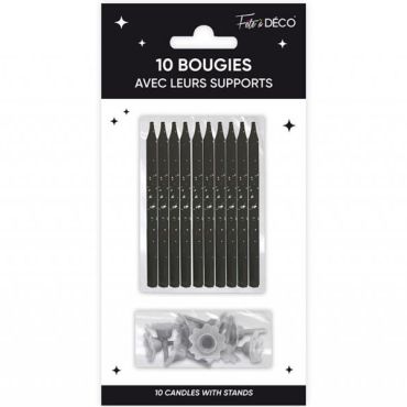 Pack de 10 bougies noires avec supports | jourdefete.com