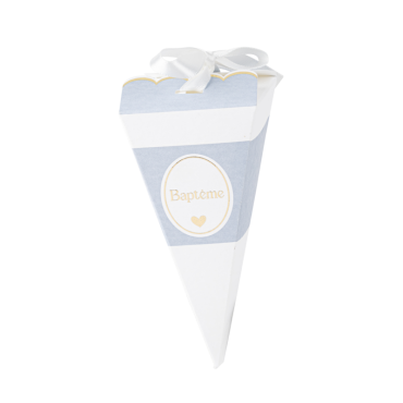 Contenant berlingot baptême blanc et bleu orage avec ruban | jourdefete.com