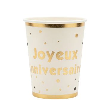 Gobelets en carton blanc avec bordures dorées et texte Joyeux Anniversaire | jourdefete.com