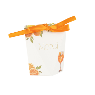 Contenant à dragées Fizz Agrume "Merci" crème, orange et or avec ruban | jourdefete.com