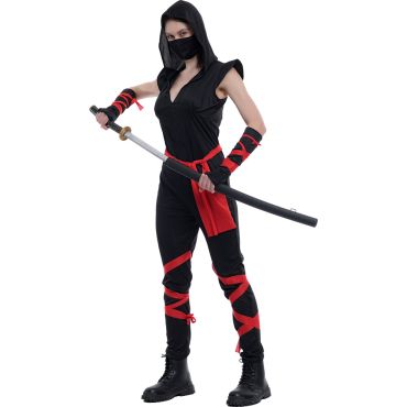 Costume ninja femme noir et rouge avec sabre | jourdefete.com