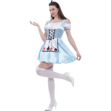 Déguisement Alice au Pays des Merveilles femme bleu et blanc avec tablier à cartes | jourdefete.com