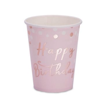 Sachet 8 Gobelets en carton "Happy Birthday Rose Gold"