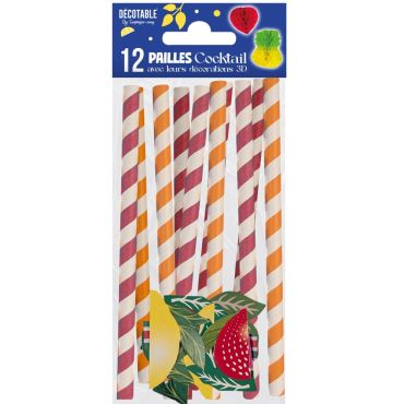 Lot de 12 pailles cocktail rayées avec décorations fruits exotiques 3D | jourdefete.com