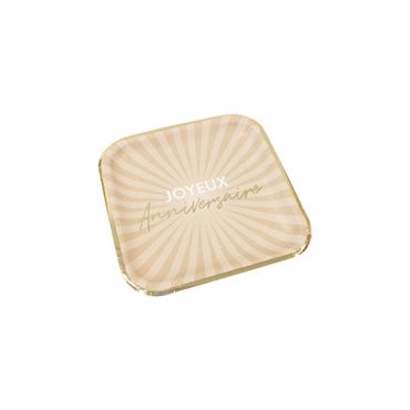Assiettes carrées 18 cm "Joyeux Anniversaire" avec design beige et doré | jourdefete.com