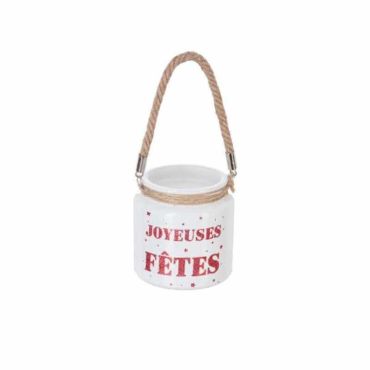 Photophore blanc avec son texte rouge à paillettes "Joyeuses Fêtes" et son anse en corde Photophore blanc avec son texte rouge à paillettes "Joyeuses Fêtes" et son anse en corde