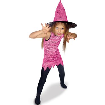 Petite fille portant un déguisement de sorcière rose avec robe imprimée toile d'araignée et chapeau pointu assorti | jourdefete.com Petite fille portant un déguisement de sorcière rose avec robe imprimée toile d'araignée et chapeau pointu assorti | jourdefete.com