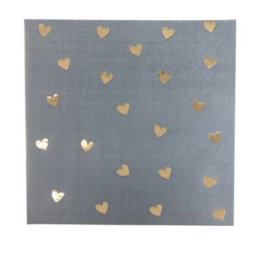 Serviettes cocktail en papier bleu orage et or avec motifs cœurs dorés | jourdefete.com