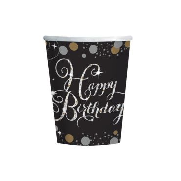 8 Gobelets "Happy Birthday" - Argent / Noir