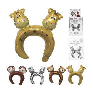 2 ballons serre-tête pour enfant modèle girafe, singe, zèbre ou tigre au choix