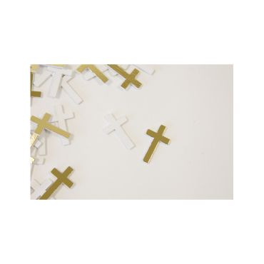 Confettis croix blanches et dorées en bois pour communion | jourdefete.com
