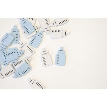 Confettis de table biberon en bois bleu et blanc pour baptême ou baby shower | jourdefete.com