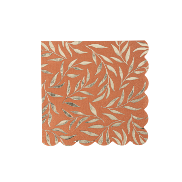 Serviettes en papier terracotta et or avec motifs feuillages dorés et bord festonné | jourdefete.com