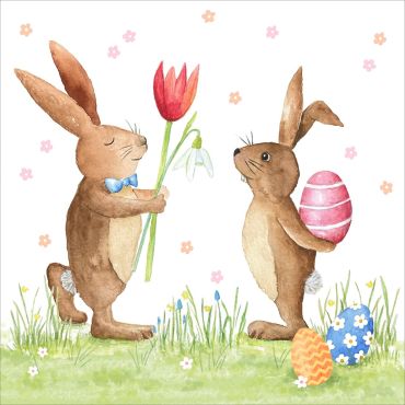 Serviettes de Pâques avec lapins, fleurs et œufs décorés en illustration aquarelle | jourdefete.com