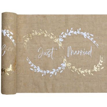 Chemin de table "Just Married" en coton pour mariage bohème | jourdefete.com