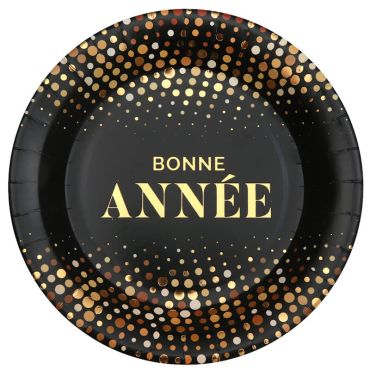 Assiettes Bonne Année Golden Noir 23 cm avec design festif et message doré | jourdefete.com