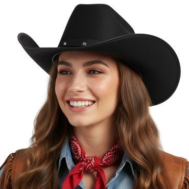 Chapeau Wyoming Cowboy noir porté par une femme souriante, style western | jourdefete.com