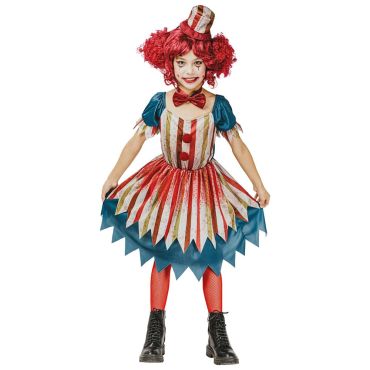 Petite fille portant un déguisement de clown vintage effrayant pour Halloween avec une robe à rayures et un mini chapeau | jourdefete.com Petite fille portant un déguisement de clown vintage effrayant pour Halloween avec une robe à rayures et un mini chapeau | jourdefete.com