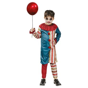 Jeune garçon portant un déguisement d'Halloween de clown maléfique vintage bleu et rouge en tenant un ballon | jourdefete.com Jeune garçon portant un déguisement d'Halloween de clown maléfique vintage bleu et rouge en tenant un ballon | jourdefete.com