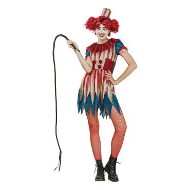 Femme portant un déguisement de clown vintage effrayant et tenant un fouet noir pour Halloween | jourdefete.com