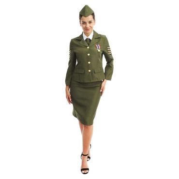 Femme vêtue d'un tailleur d'officier militaire vert avec médailles, jupe et calot | jourdefete.com