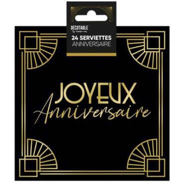Serviettes noir et or « Joyeux Anniversaire » avec motifs géométriques, lot de 24 | jourdefete.com