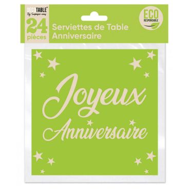 24 serviettes en papier éco responsable joyeux anniversaire couleur au choix | jourdefete.com