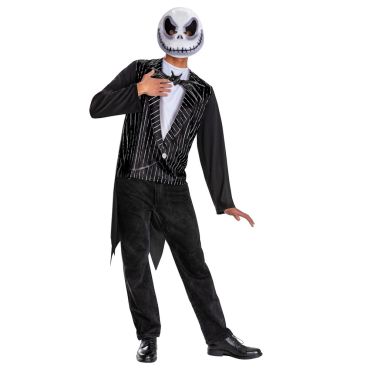 Homme portant un déguisement de Jack Skellington avec masque de squelette géant et veste noire rayée pour fêter Halloween | jourdefete.com