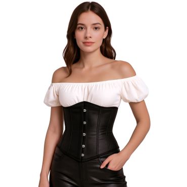 Femme portant un corset noir sous-poitrine aspect cuir avec des attaches métalliques | jourdefete.com
