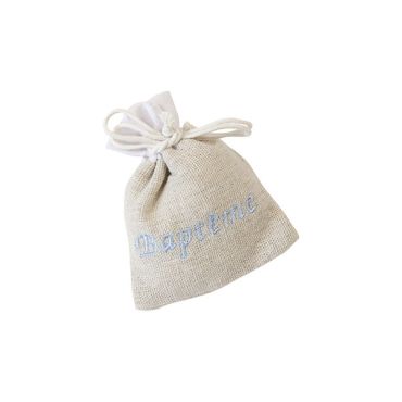 Sachet en toile brodée "Baptême" bleu pour dragées et cadeaux | jourdefete.com