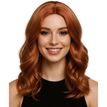 Portrait d'une femme mettant en valeur une perruque rousse cuivrée aux cheveux longs et ondulés pour un look festif | jourdefete.com