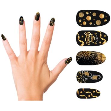 Faux ongles Happy New Year noir et or pour le réveillon du Nouvel An | jourdefete.com
