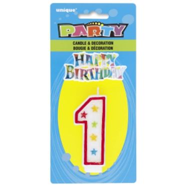 Bougie d'Anniversaire Chiffre 1 - Blanc et Rouge à étoiles avec décor
