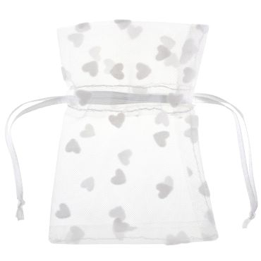 Sachet organza transparent avec cœurs blancs et cordon blanc | jourdefete.com