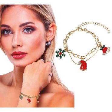 Bracelet métallique de Noël avec motifs festifs – flocon, bonnet, cloche, sucre d’orge et boules colorées | jourdefete.com