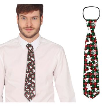 Cravate de Noël 45 cm à carreaux avec rennes, flocons et pain d’épices | jourdefete.com