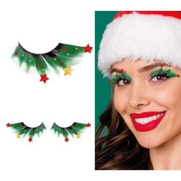 Faux cils de Noël fantaisie verts avec étoiles | jourdefete.com