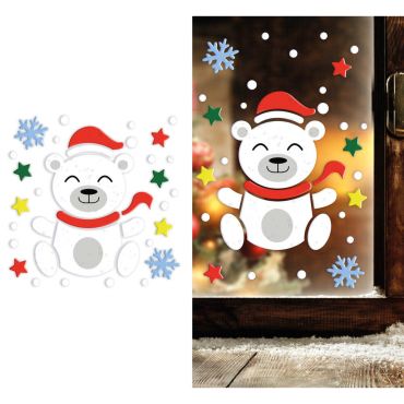 Décoration de fenêtre en gel de Noël avec modèles ours polaire, Père Noël, lutin et renne | jourdefete.com