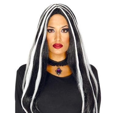Perruque Femme - Sorcière - Noire avec Mèches Blanches