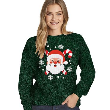 Pull de Noël pailleté Père Noël femme vert sapin avec cannes à sucre et flocons | jourdefete.com