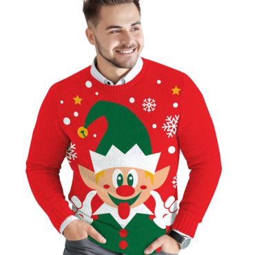 Pull moche de Noël homme motif elfe rouge et vert, flocons et étoiles | jourdefete.com