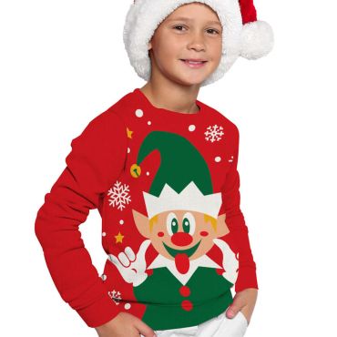 Pull moche de Noël enfant rouge avec motif lutin rigolo et décor hivernal | jourdefete.com