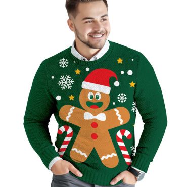 Pull moche de Noël homme motif biscuit pain d’épices vert et rouge | jourdefete.com