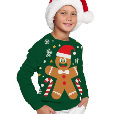 Pull moche de Noël enfant avec motif bonhomme pain d’épices et cannes à sucre | jourdefete.com