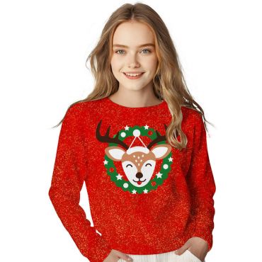 Pull de Noël enfant rouge pailleté avec renne joyeux et couronne | jourdefete.com